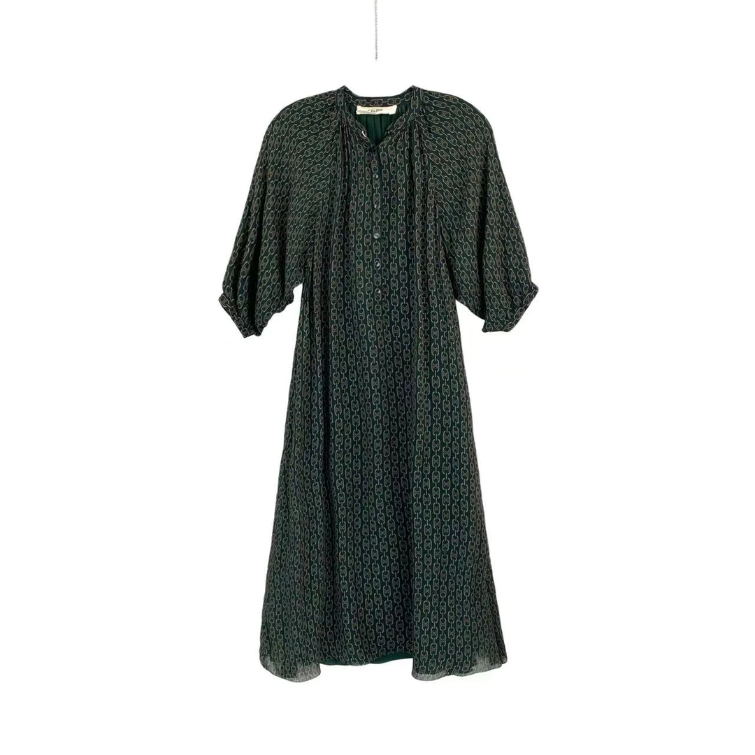 99新 Celine/思琳 bb1436 Celine 绿色凯旋门满印连衣裙 36码
