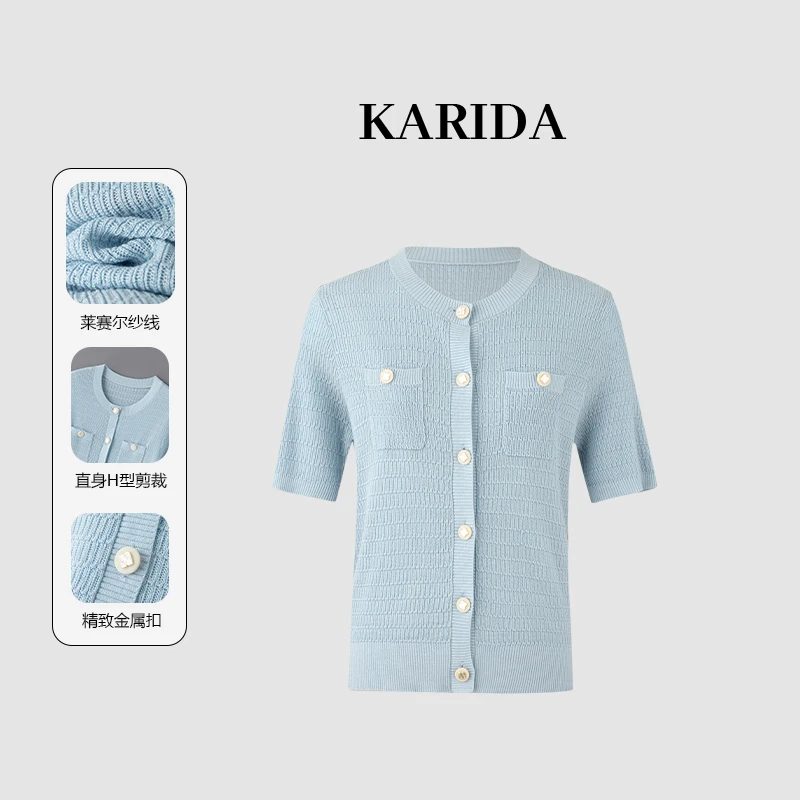 KARIDA【温柔时光】25夏新款时尚法式圆领口袋镂空编织短袖针织开衫