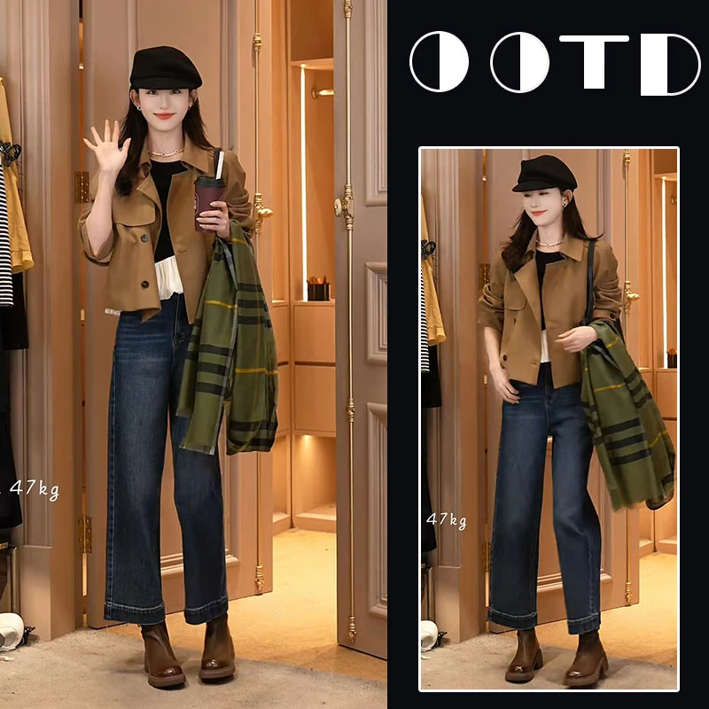 秋季搭配一整套今年流行套装气质长袖风衣外套百搭牛仔裤三件套