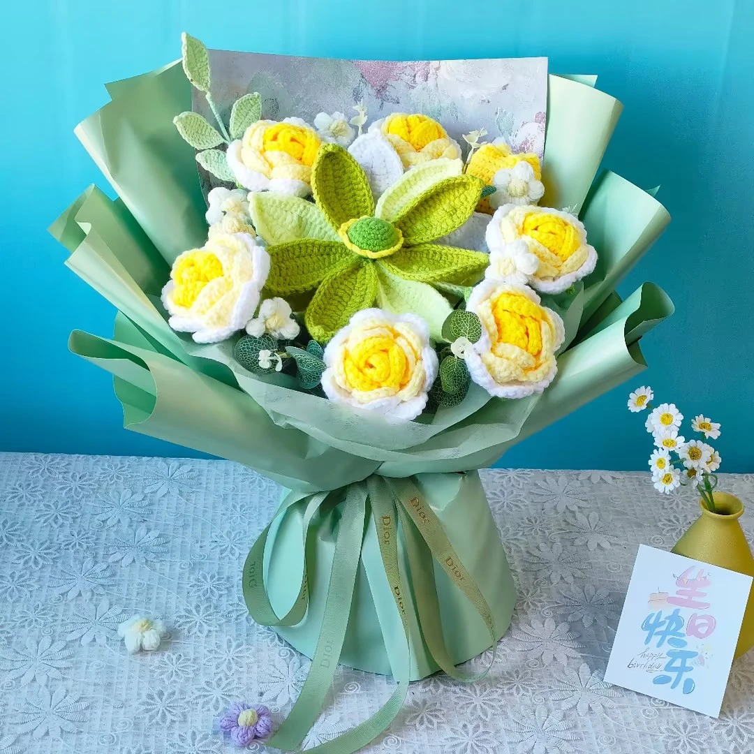 【好运连连】绿色荷花毛线创意花束礼物送老师送女友送闺蜜送妈妈