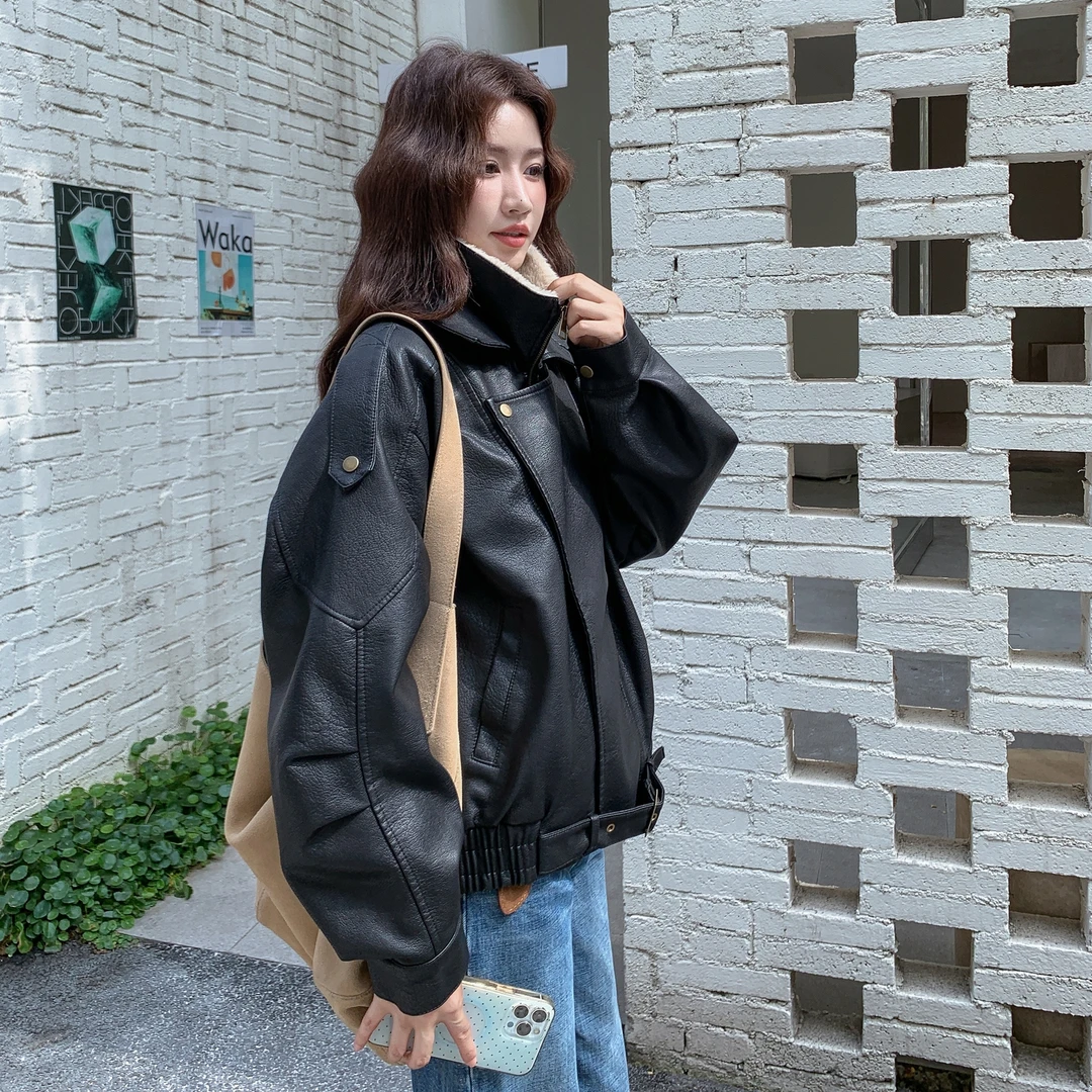 港风复古黑色羊羔毛绒皮衣外套女冬季2025新款酷飒风加厚加绒棉服