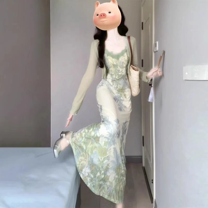温柔风新中式绿色碎花吊带连衣裙女春夏季高级感气质长裙两件套装