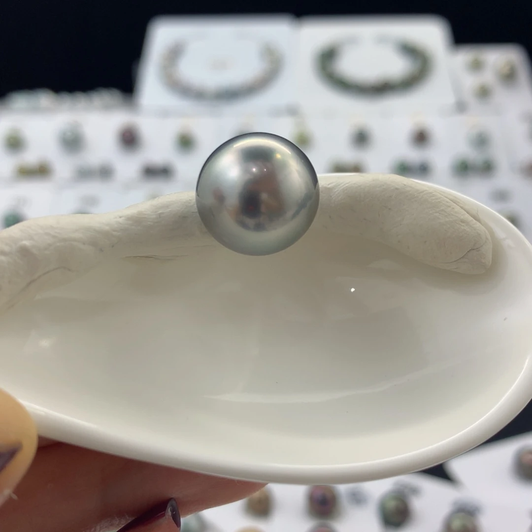 未镶嵌裸珠定制海水珍珠铂金灰炫绿14.2mm