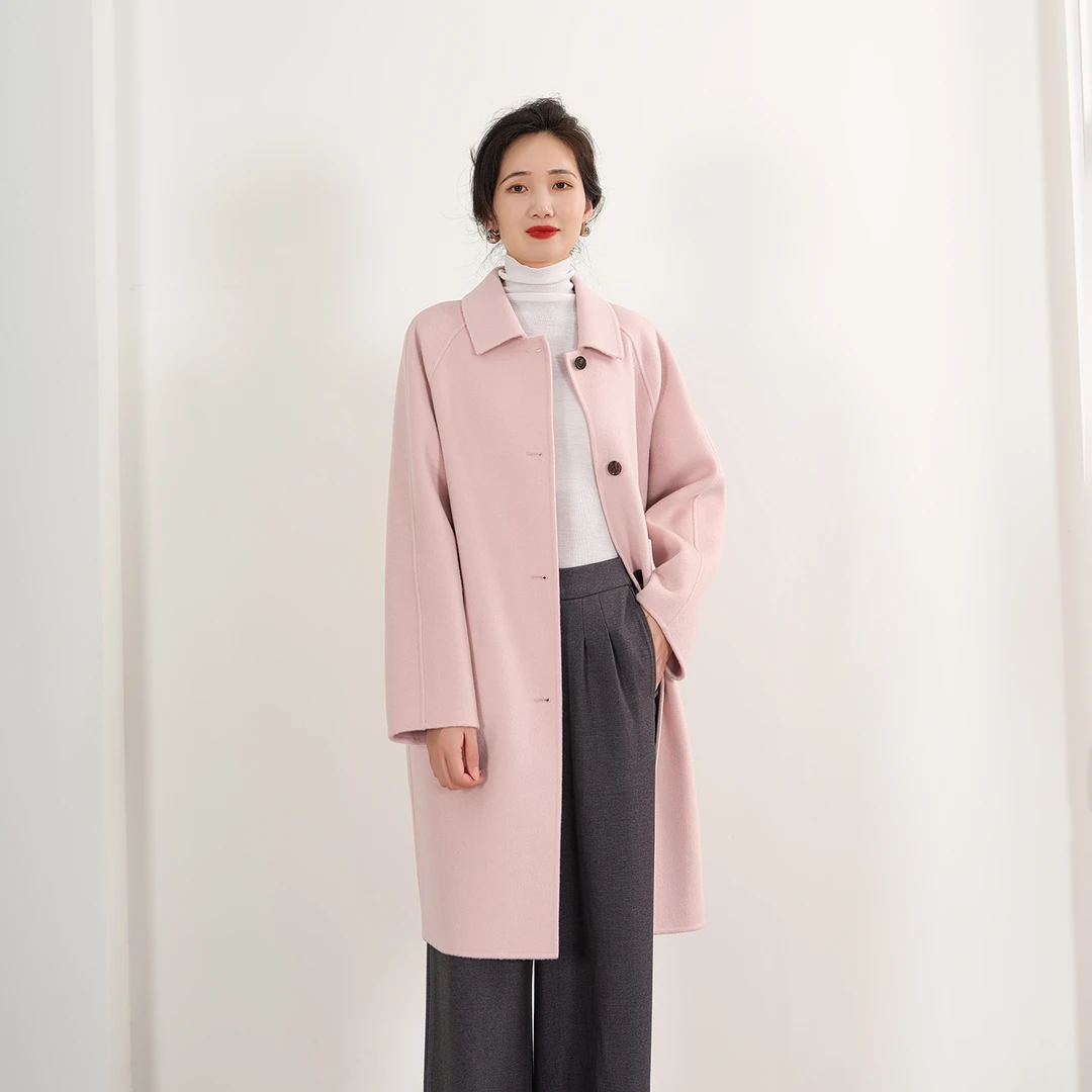 EKNR双面羊绒大衣女秋冬新款宽松中长款双面呢翻领小个子毛呢外套