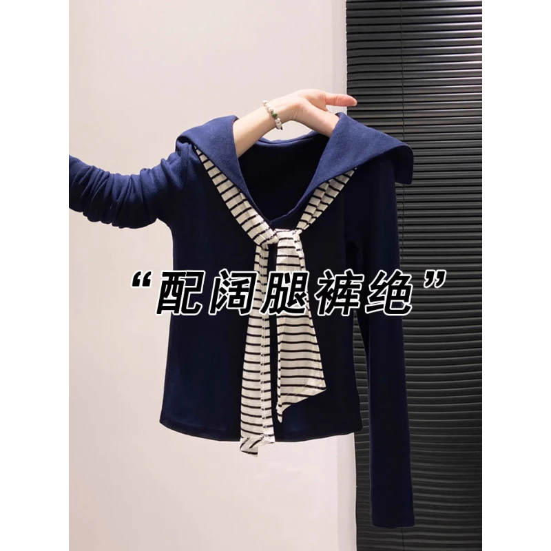 芯娇晴藏青色海军领长袖T恤女2025早秋穿搭条纹领带拼接V领上衣