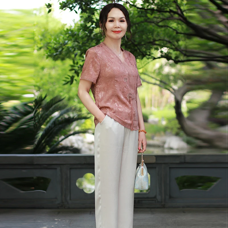 新中式妈妈夏装2025新款中老年夏季套装短袖小衫国风上衣两件套W