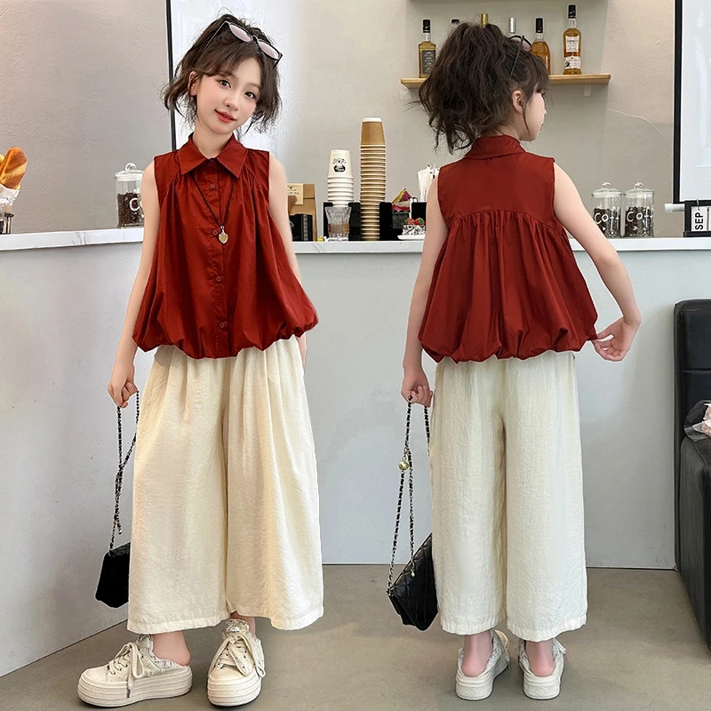 女童夏装套装2025新款6-12岁15岁中大童洋气无袖衬衫阔腿裤两件套