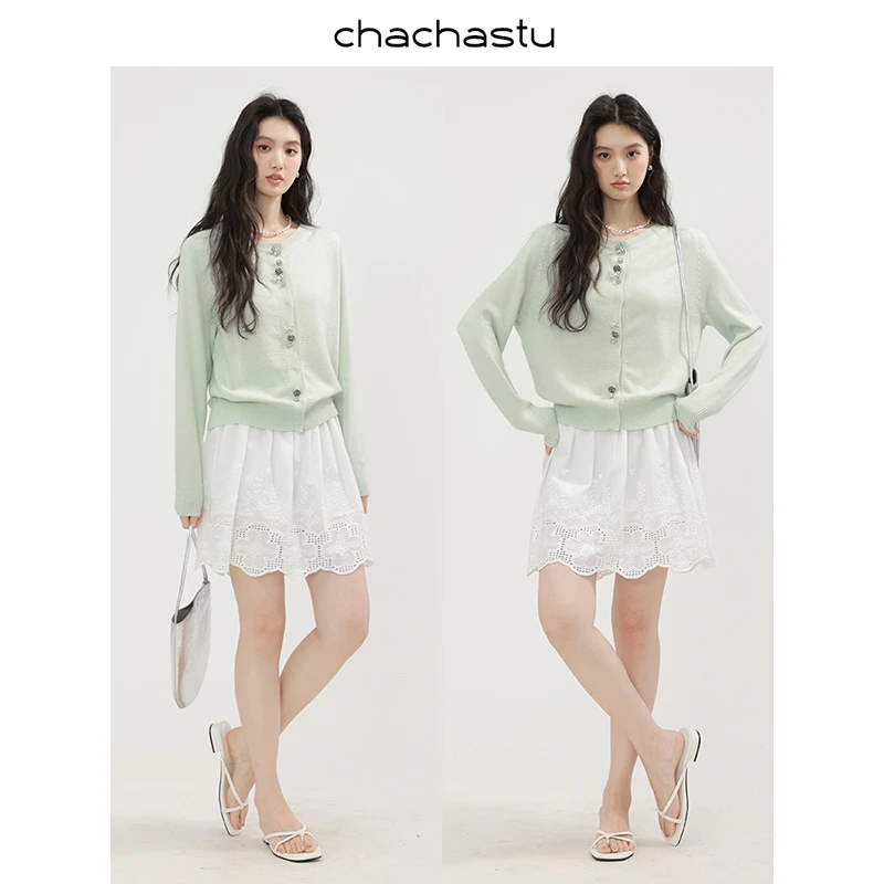 CHACHASTU 法式圆领绿色百搭针织衫开衫F25505