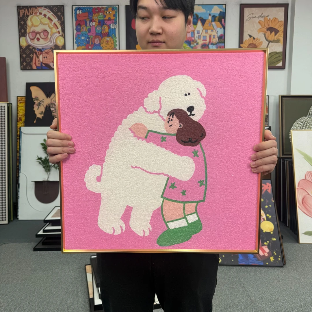 现代卡通女孩小狗卧室装饰画餐厅挂画小众装饰画5050
