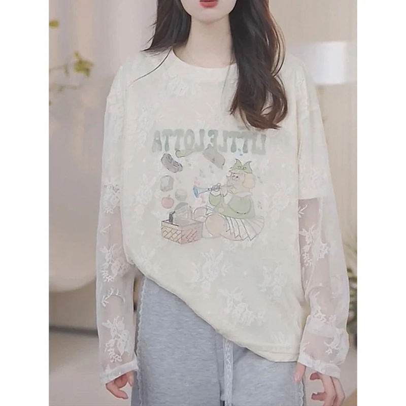 甜美温柔风洋气减龄T恤女2025春秋新款高级感舒适蕾丝假两件上衣
