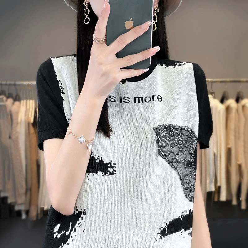 桑蚕丝女士短袖常规女夏季圆领字母提花时尚显瘦印花气质小众半袖