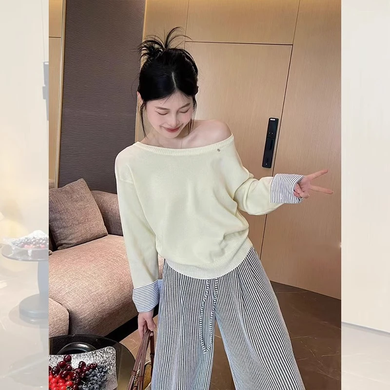 斜肩一字领针织内搭女2025春秋韩系打底衫宽松假两件长袖上衣8043