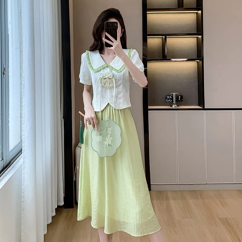 大码套装女夏季新款胖新中式复古娃娃领气质减龄显瘦两件套时尚