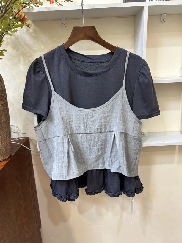 木耳边正肩短袖可调节吊带两件套配发圈