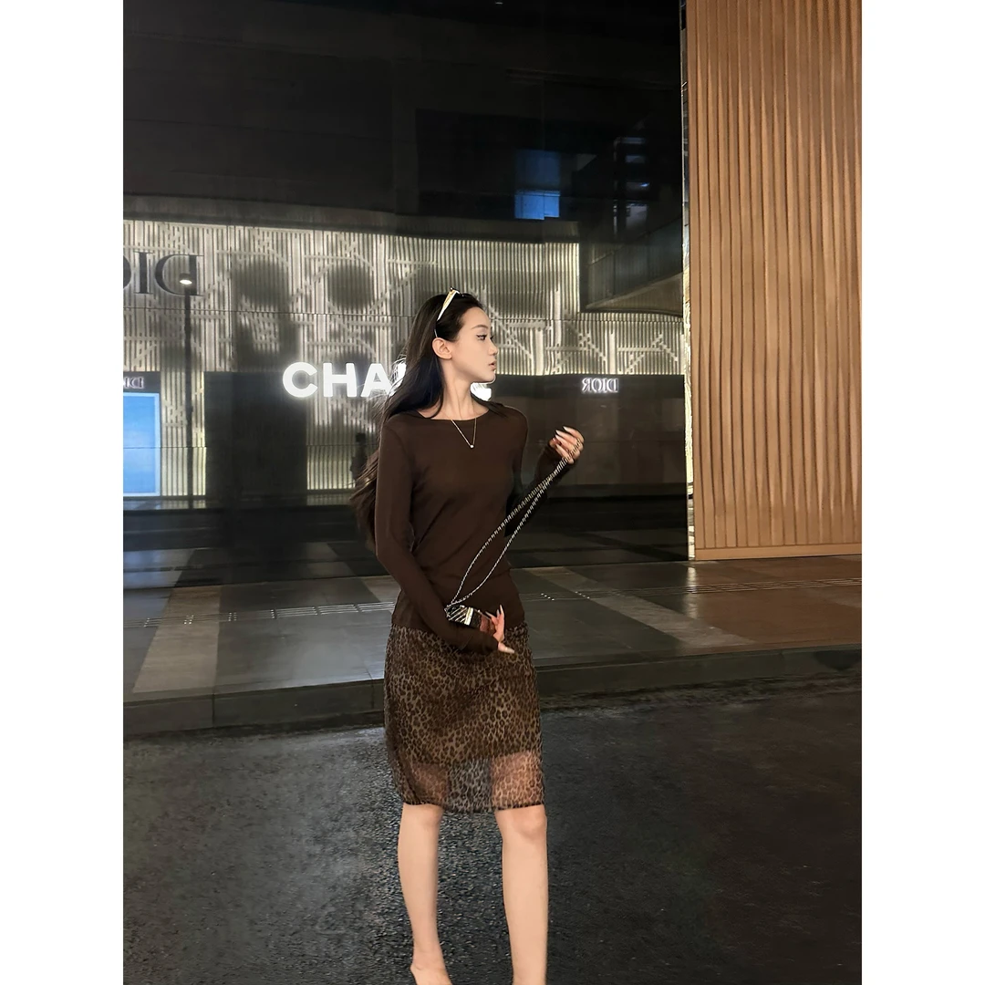 5werkwen都市lady 直筒鱼尾豹纹短半身裙