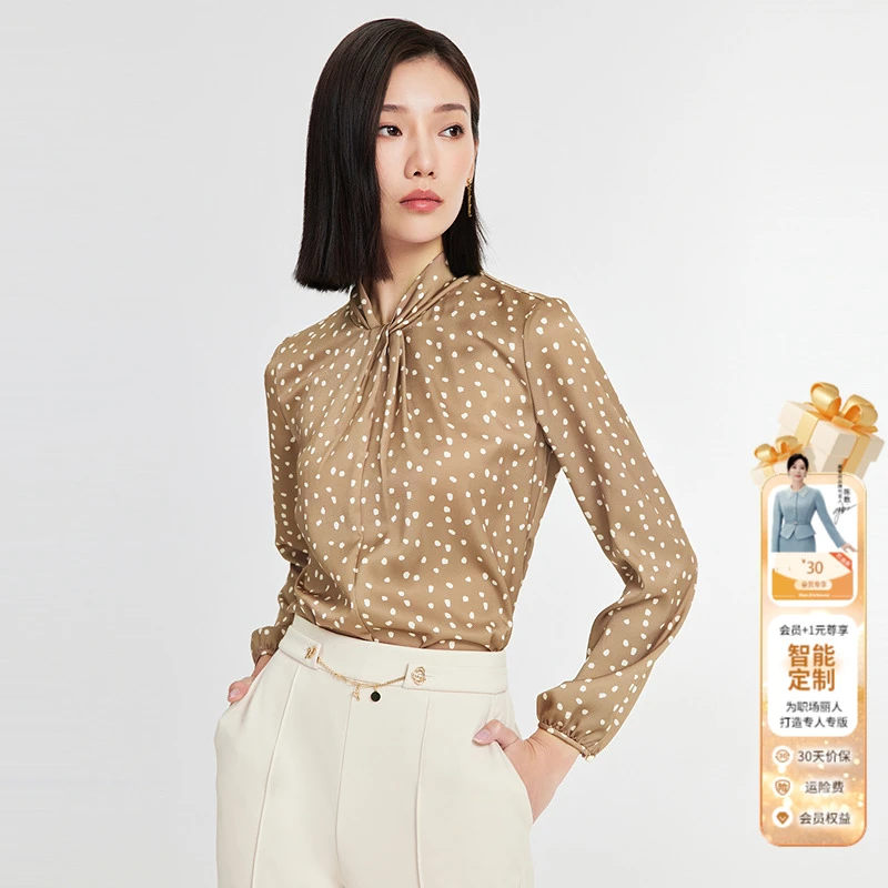 赢智尚春季美拉德风波点领口扭结设计衬衣衬衫女复古优雅ZD00717