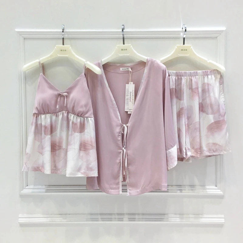 精雅冰丝睡衣女三件套装春夏季性感吊带短裤带胸垫慵懒风家居服女