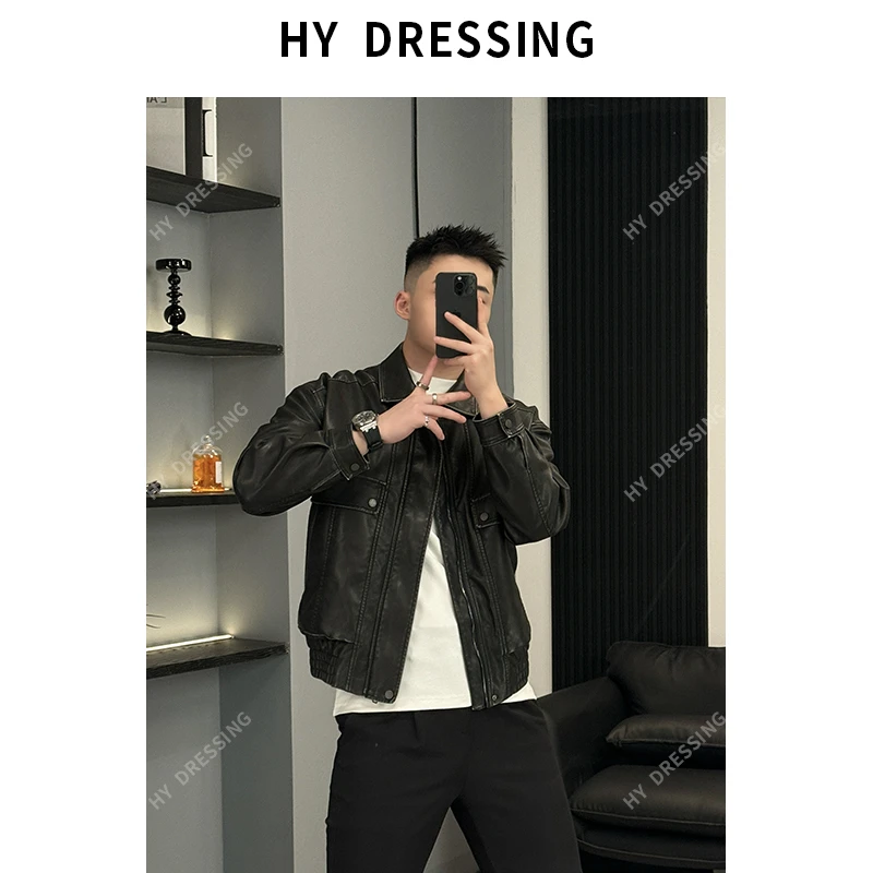 【HY穿搭】早秋复古做旧擦色PU皮衣夹克青年合身翻领机车服外套9071