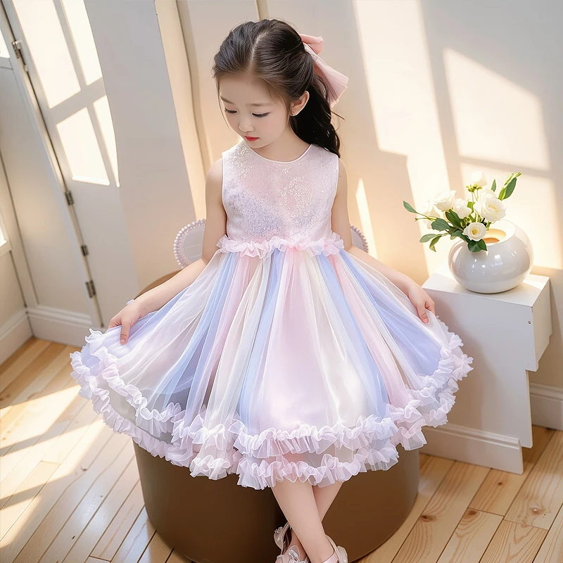 女童七彩纱裙夏装2025新款儿童无袖公主裙子洋气女宝宝薄款连衣裙