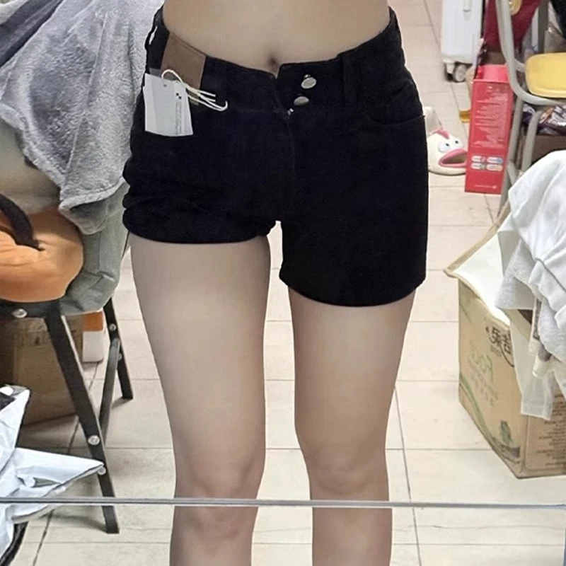 黑色牛仔热辣短裤女夏季高腰胖mm大码显瘦小个子弹力遮胯a字热裤