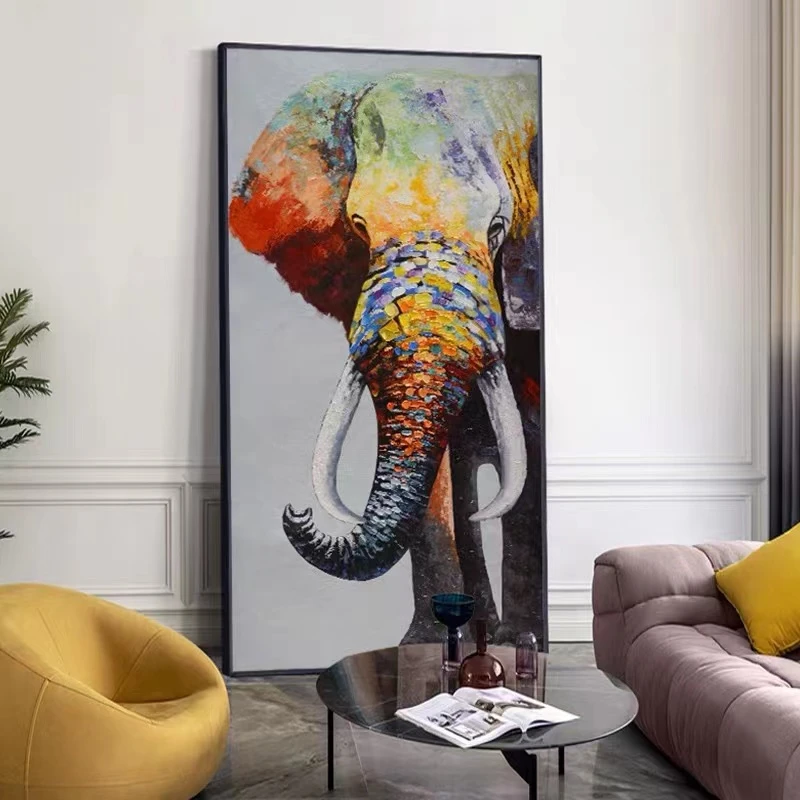 大象玄关装饰画走廊挂沙发客厅落地画手工油画风格大象60120