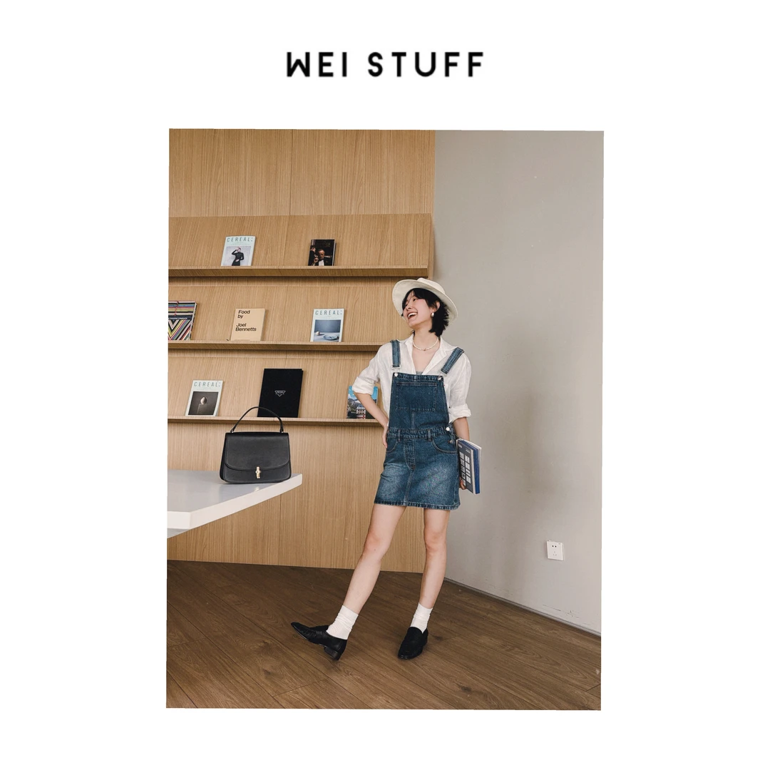 WEI STUFF “轻氧假日” 复古美式宽松100棉牛仔背带裙 9513