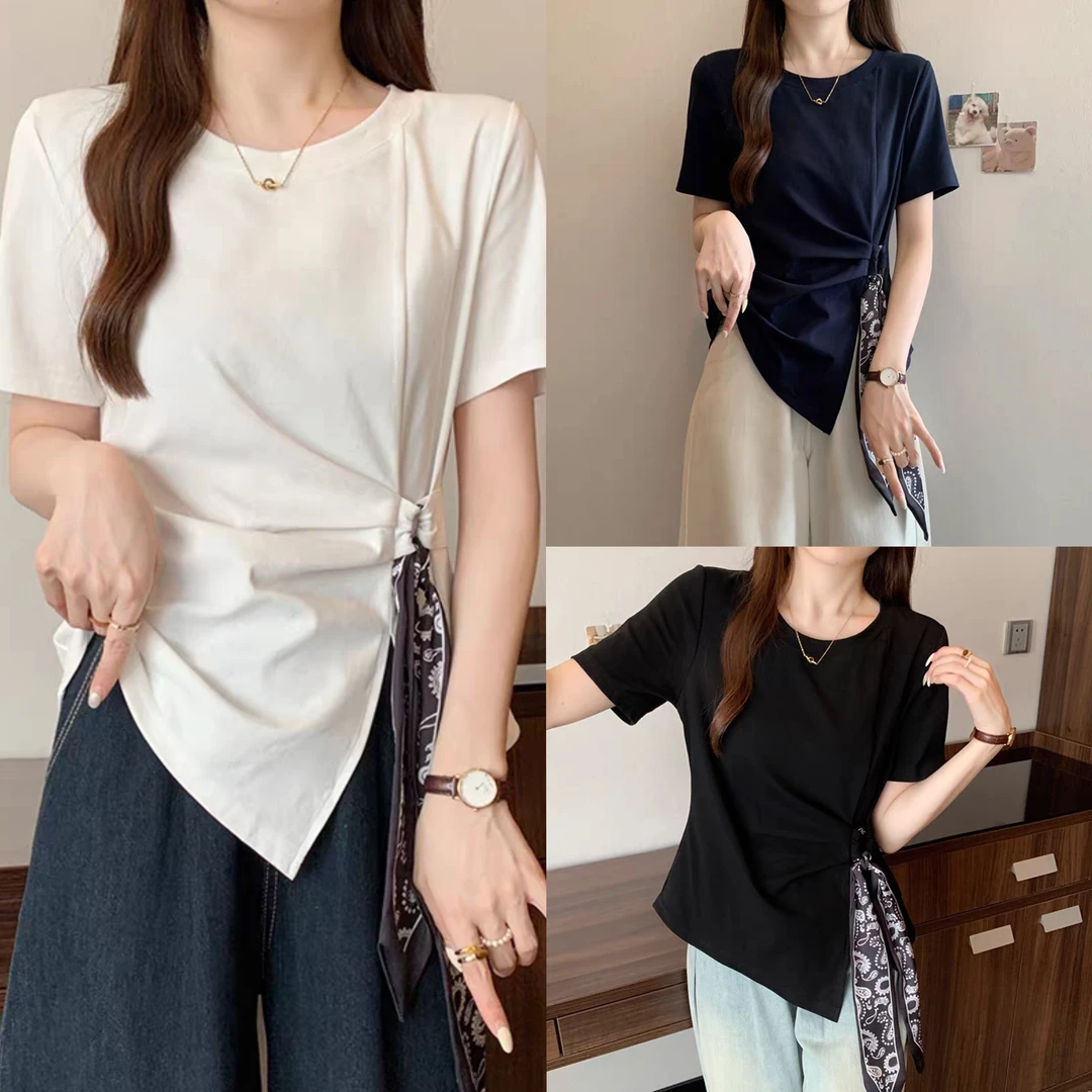 胖MM漂 D25057高级感收腰别致丝带小众显瘦正肩独特气质上衣