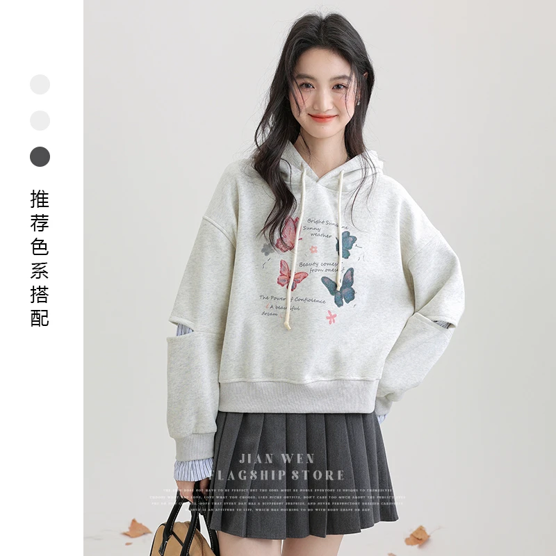 假两件连帽套头卫衣外套女2025春季新款蝴蝶印花灰色宽松短款上衣