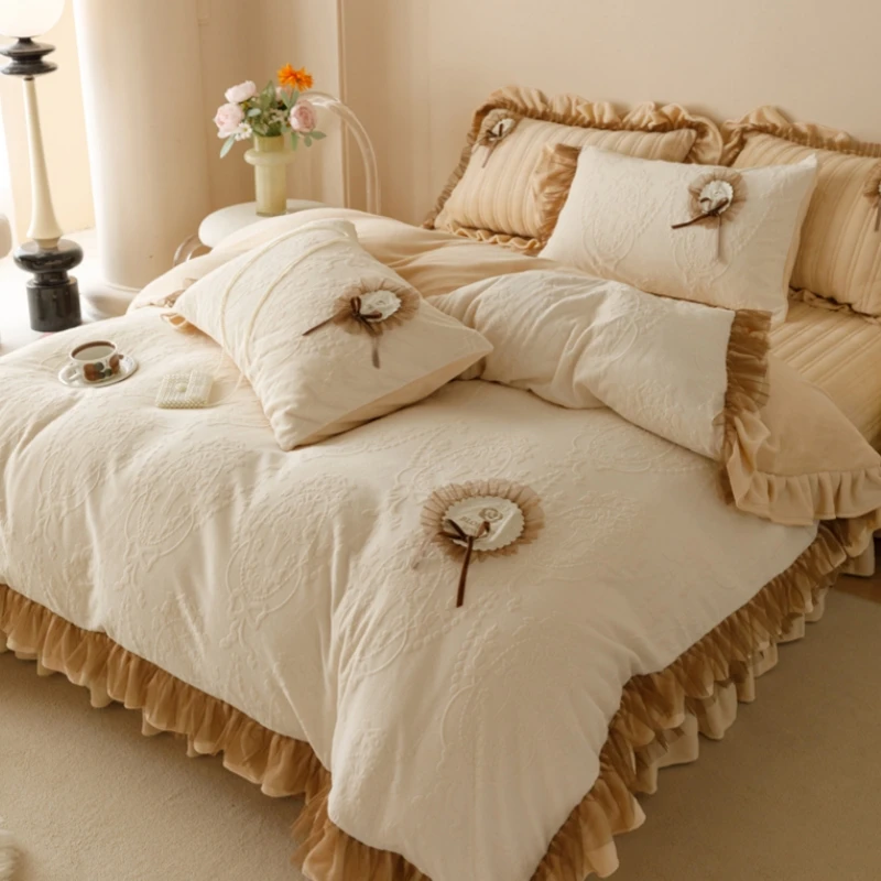 公主风夹棉床盖牛奶绒立体花四件套冬季珊瑚毛绒被套法式复古床品