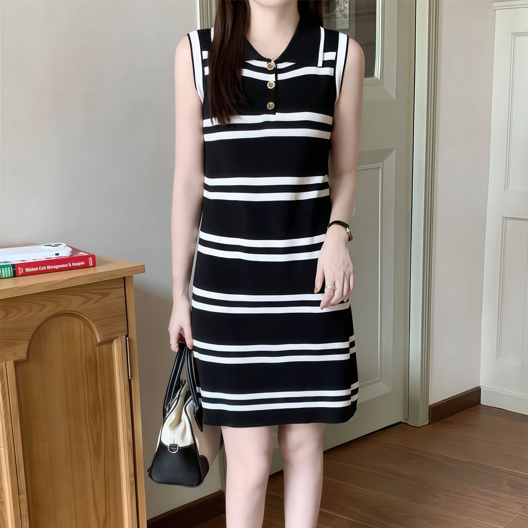 2025夏季新款连衣裙女款无袖条纹气质洋气显瘦时尚百搭针织裙子