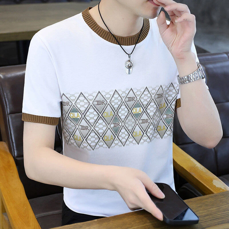 高档夏季男士冰丝短袖T恤潮流新款体恤休闲薄款体恤圆领半袖上衣