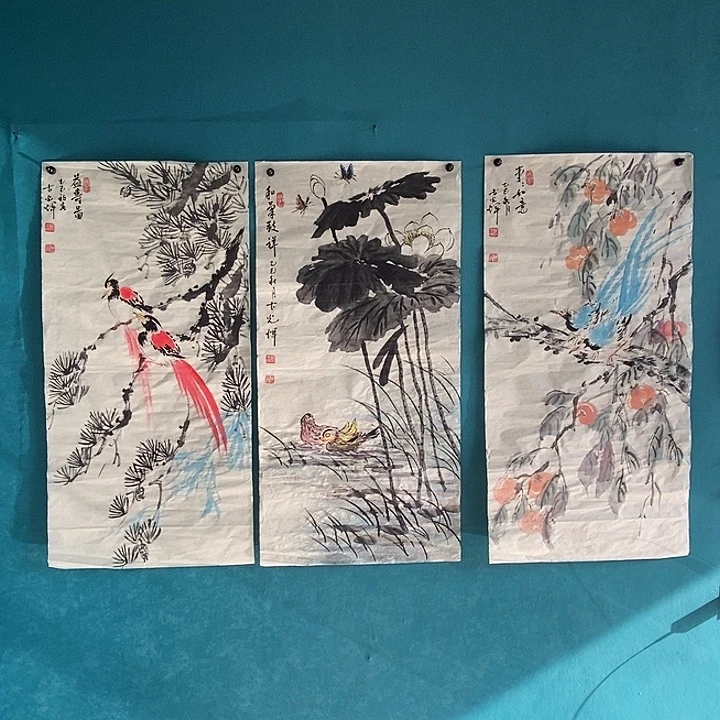 国画手绘单张尺寸100*55三尺 三连幅