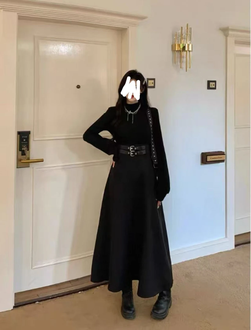 小九九 秋冬纯色半领打底a字摆遮肉长裙90328