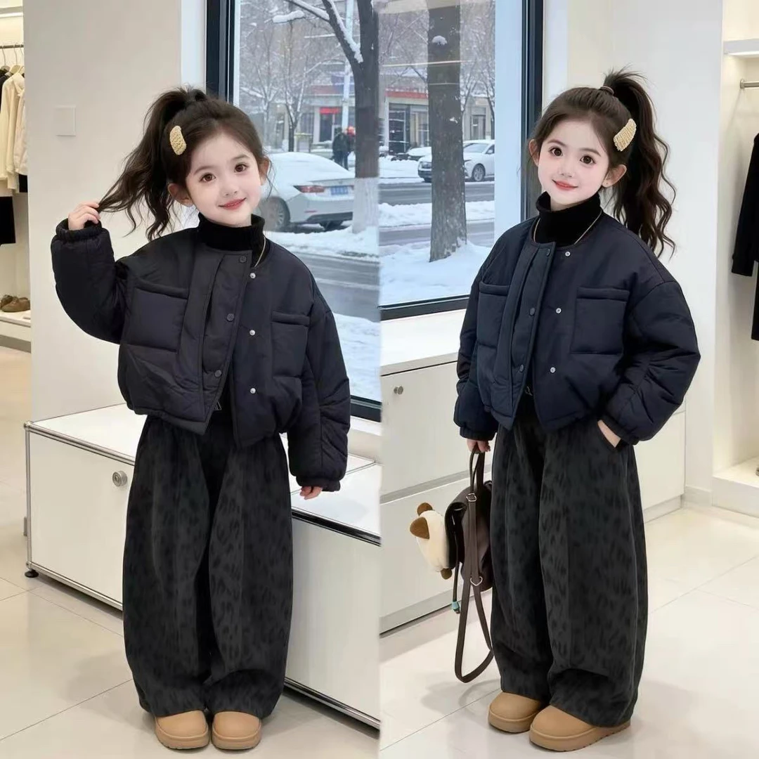女童秋冬新款儿童冬季韩范短款棉服外套加绒豹纹裤时尚百搭两件套