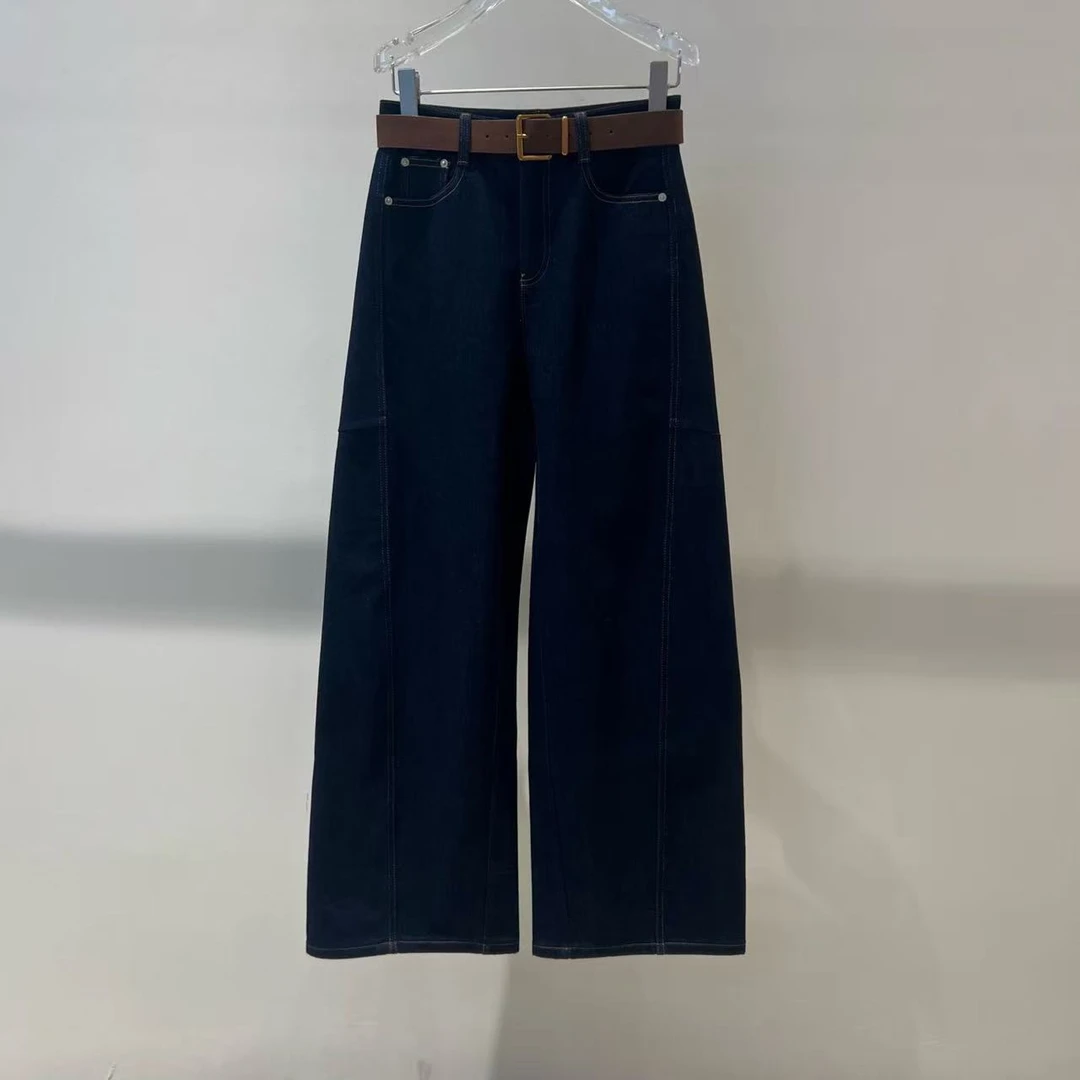 牛仔裤-135B324121时尚高腰复古竹节纹理层次感加绒阔腿裤