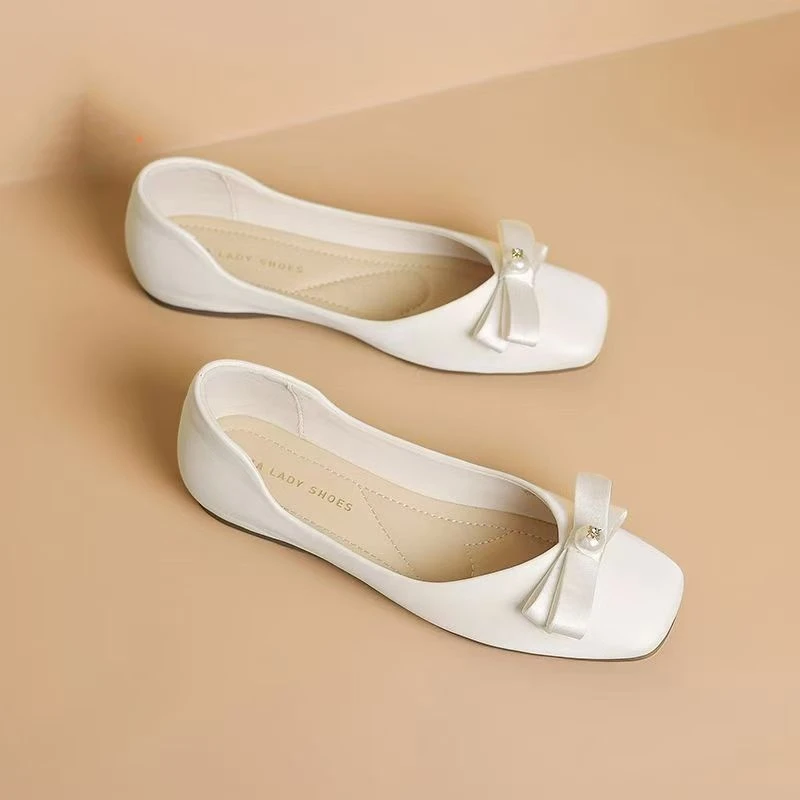 法式蝴蝶结真皮玛丽珍女鞋2025新款夏季百搭气质方头浅口平底单鞋