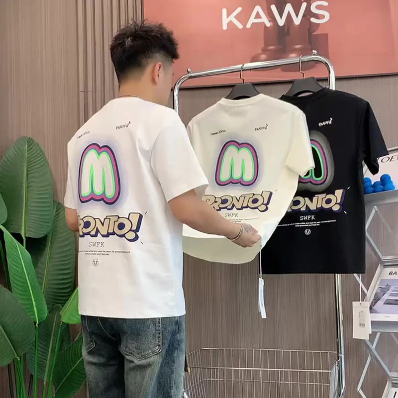 夏季新款字母印花纯棉圆领短袖男潮流宽松休闲半袖百搭情侣上衣潮