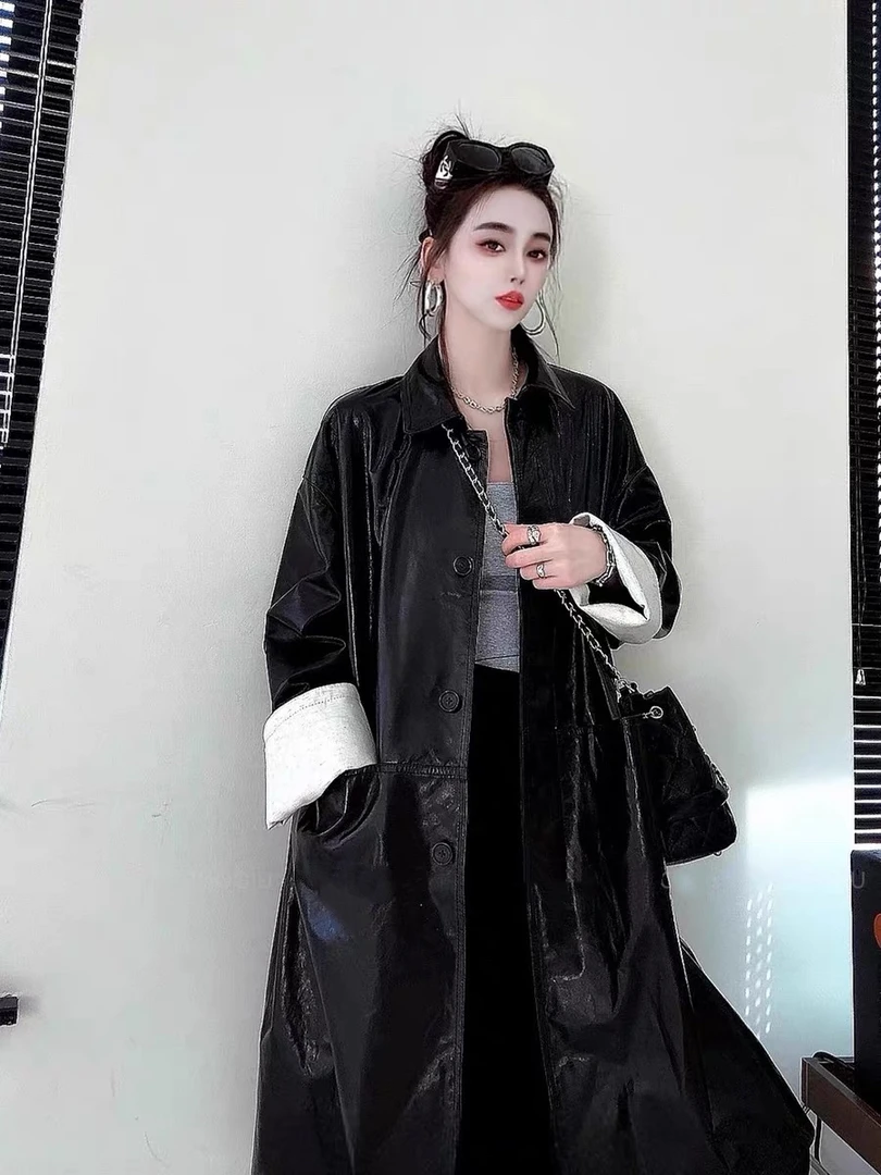 韩版2025春秋新款复古感赫本油蜡羊皮长款宽松版真皮风衣外套女