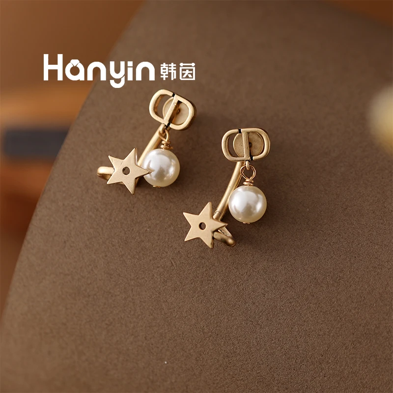 铜合金仿珍珠耳饰 925银针两戴复古猪鼻圆珠弯管五角星耳钉AAA