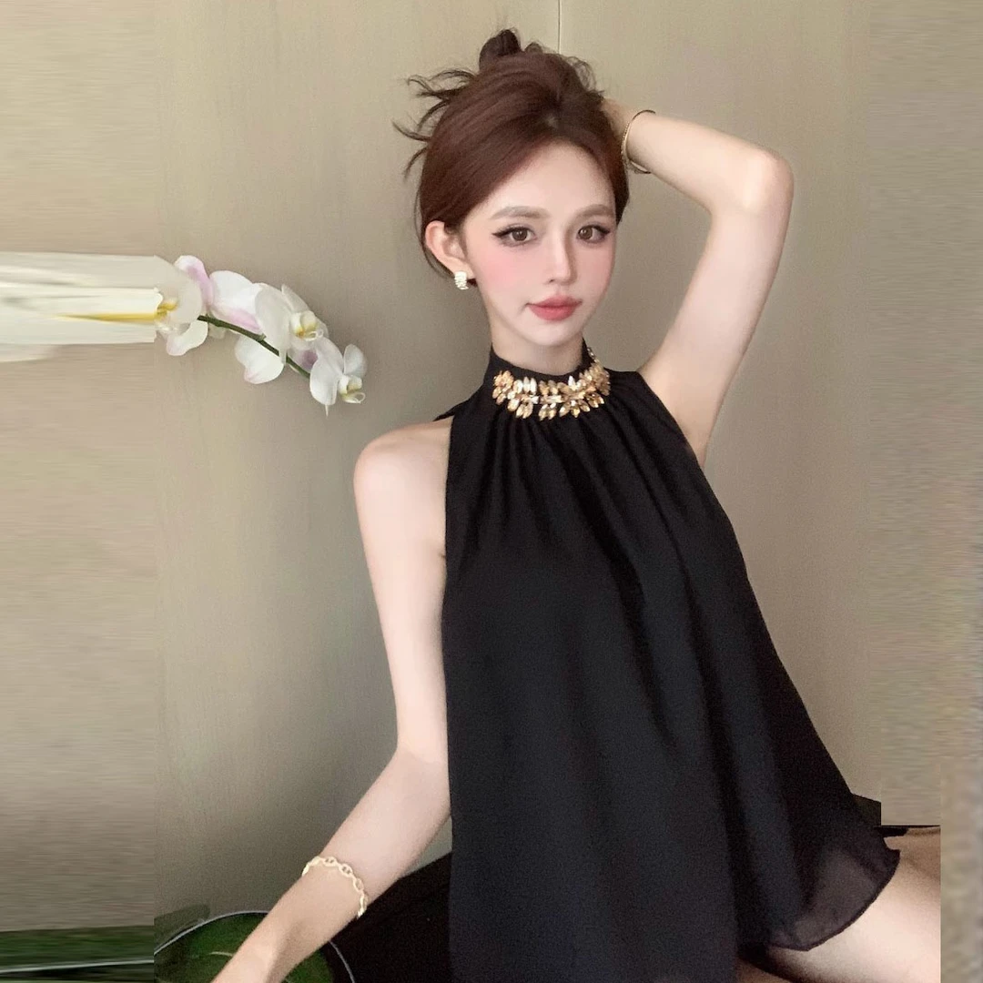 高级感气质名媛缎面小衫女韩版夏季背心宽松性感露肩挂脖上衣976