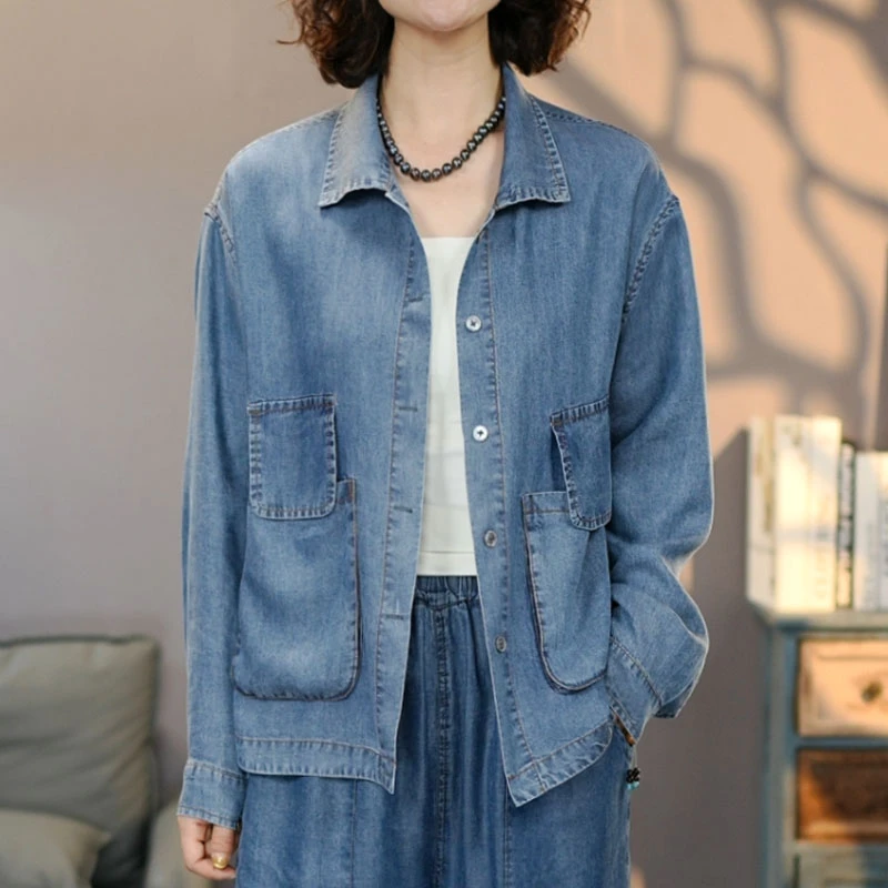 8820蓝夏季新品天丝牛仔衬衫女#2025显瘦休闲时尚水洗透气上衣