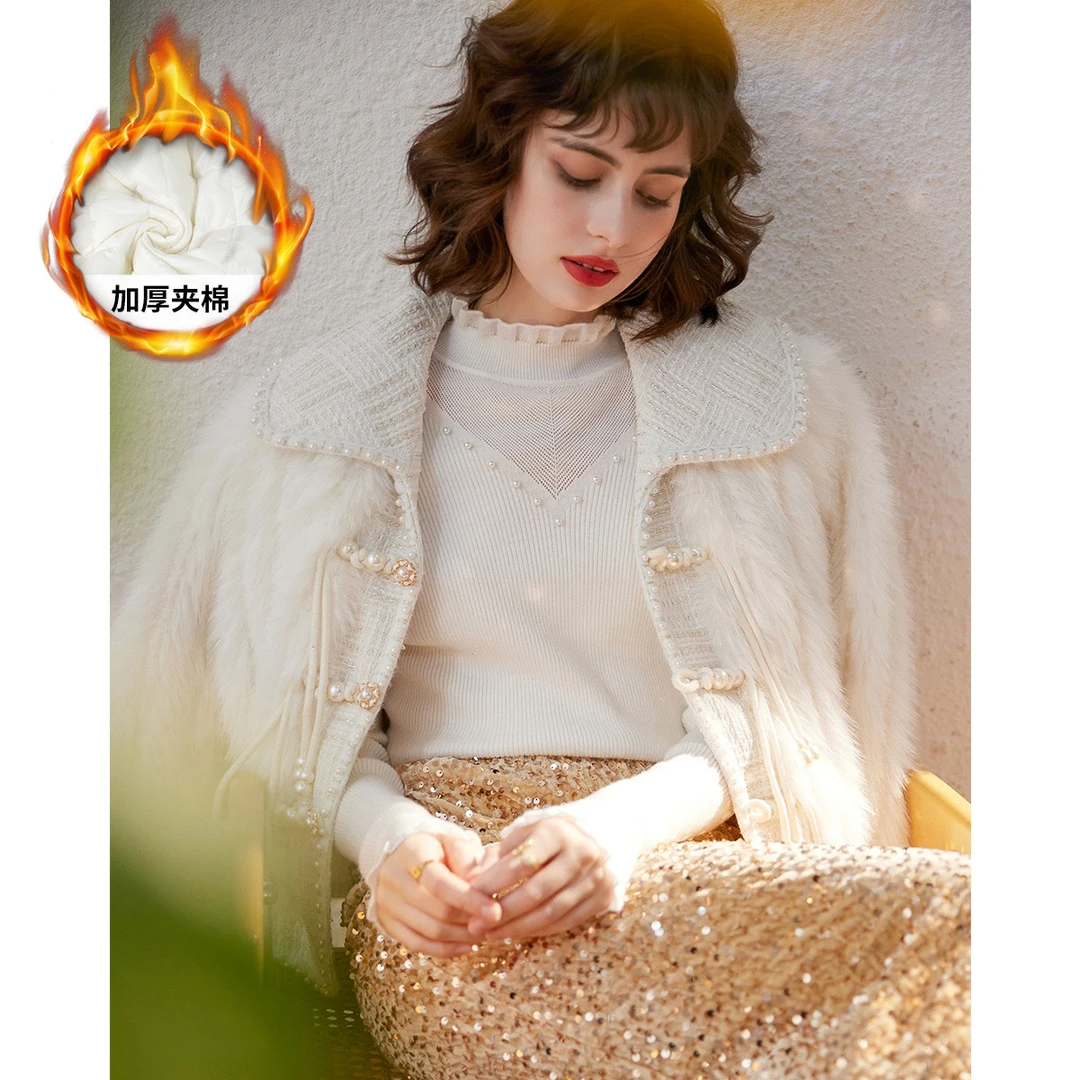 白鹿语冬款国风盘扣棉服气质优雅拼接翻领毛绒棉衣女HX10069