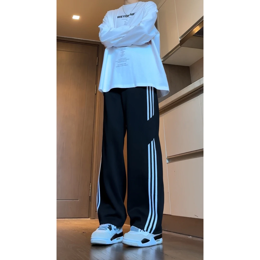 灰色条纹卫裤男女新款三条杠宽松直筒cleanfit美式复古运动休闲裤