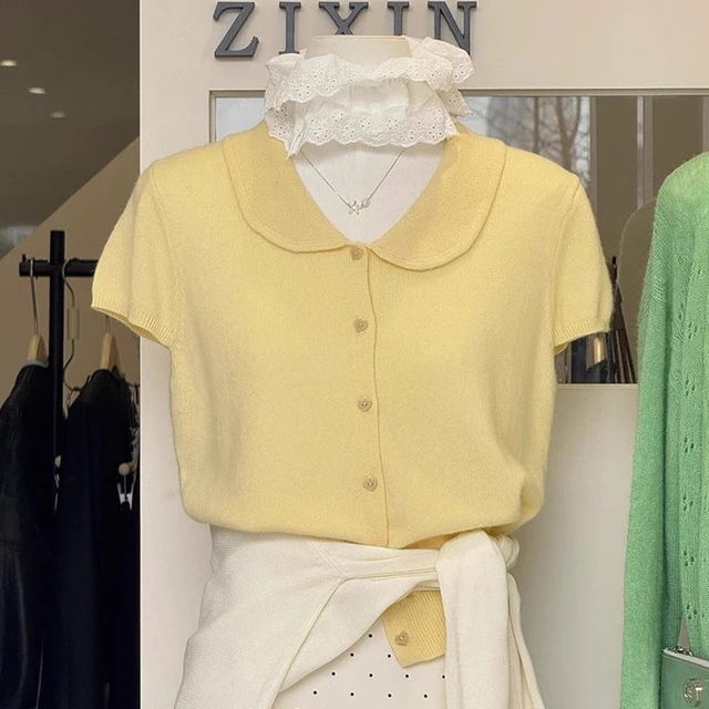 黄色娃娃领短袖t恤女款夏季设计感小众修身针织短款翻领正肩上衣