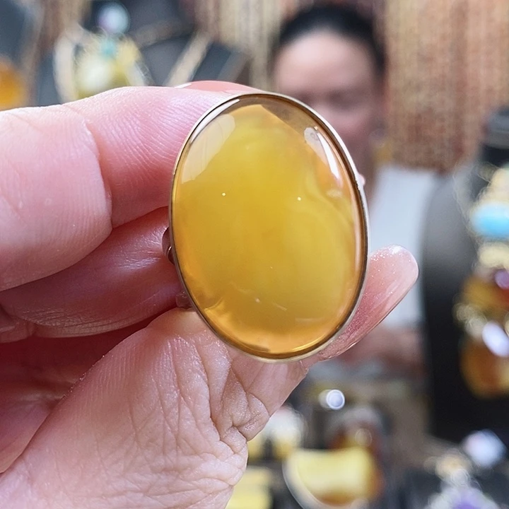 银S925镶嵌琥珀戒指蜜蜡戒指