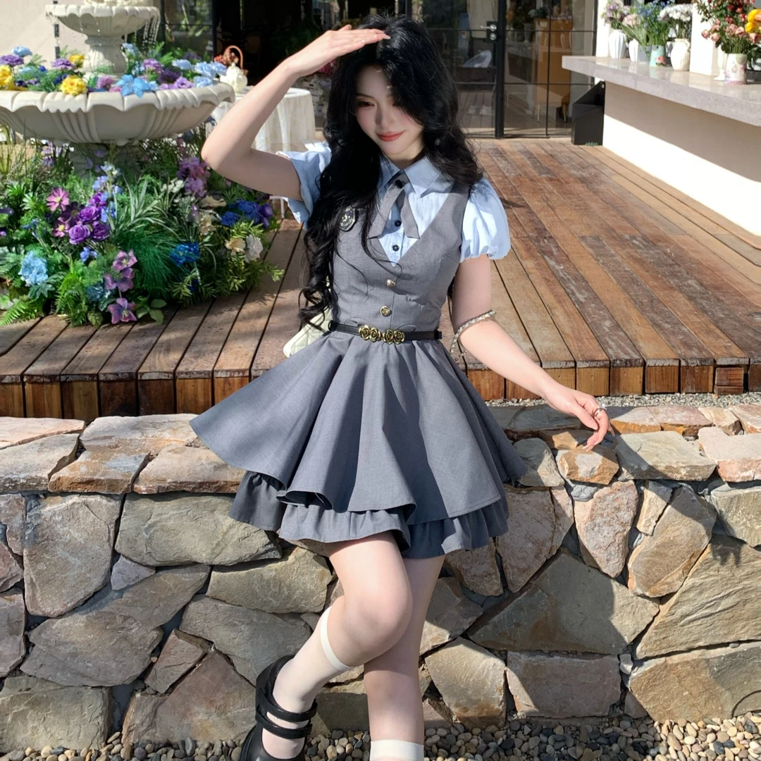 Blovelan知更晨灰 小清新学院风精致收腰显瘦假两件泡泡袖连衣裙