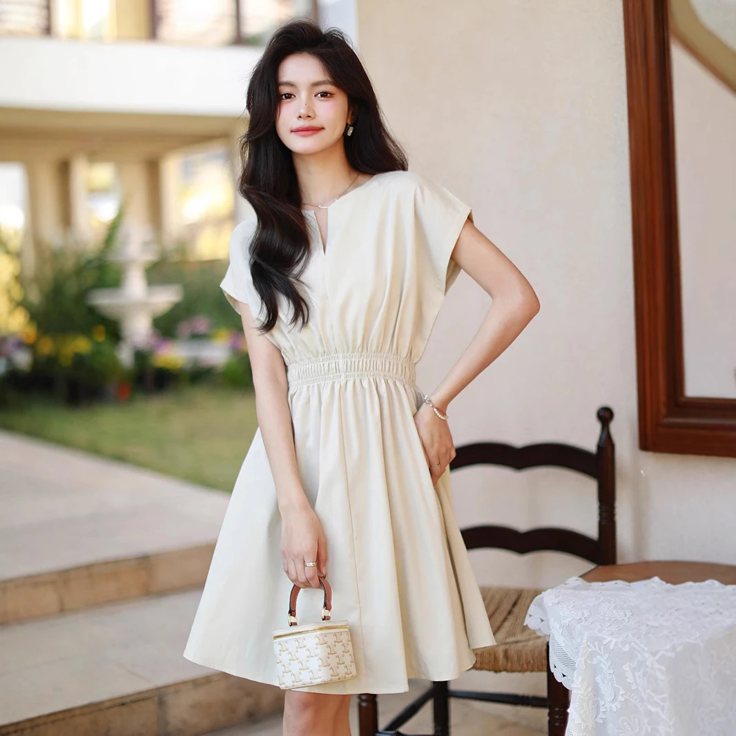 hmwl9927简约收腰气质连衣裙女2025夏季新款设计感小个子显瘦裙子