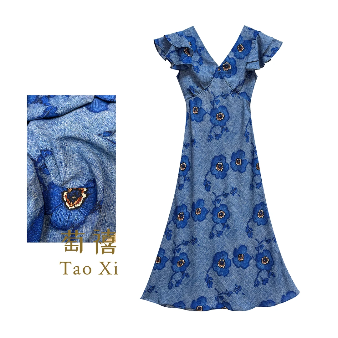 【萄禧】桑蚕丝V领蓝色印花双绉真丝裙飞飞袖连衣裙TX05QZ1036