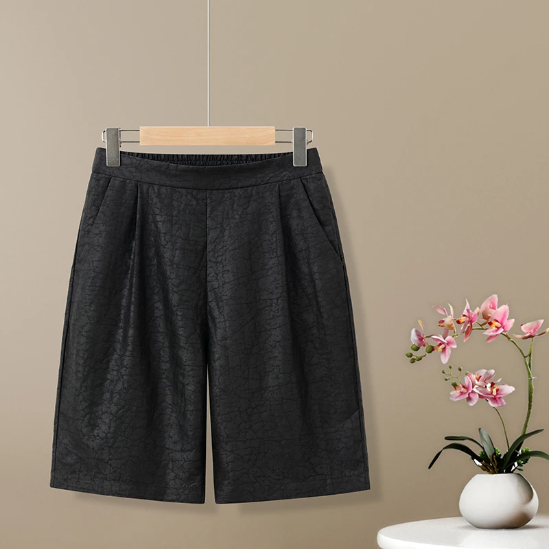 妮娜香云纱100%桑蚕丝裤子老料龟裂纹短裤女夏装显瘦休闲五分中裤