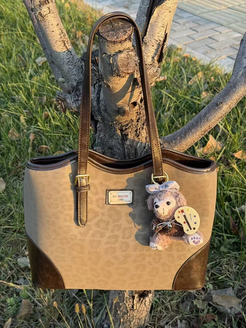 新款百搭单肩托特包豹纹复古菜篮子包磨砂简约桶包拉链防盗